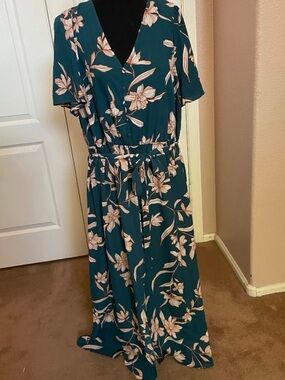 Ava & Viv Maxi Flowy Floral Teal Blue Dress with belt- 2X